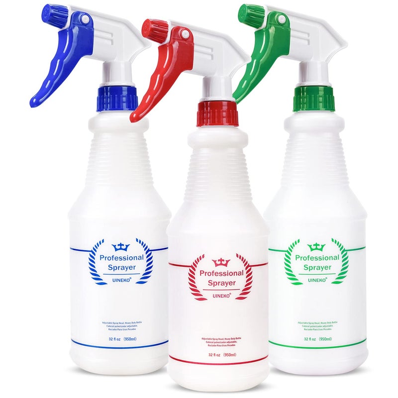 Uineko Plastic Spray Bottle (3 Pack  32 Oz  3 Colors) Heavy Duty All-Purpose Empty Spraying Bottles Leak Proof Commercial Mist Water Bottle for Cleaning Solutions Plants Pet with Adjustable Nozzle - Image 1